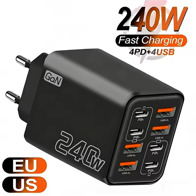 240W 8-in-1 GaN USB-C Fast Wall Charger for iPhone Samsung Xiaomi